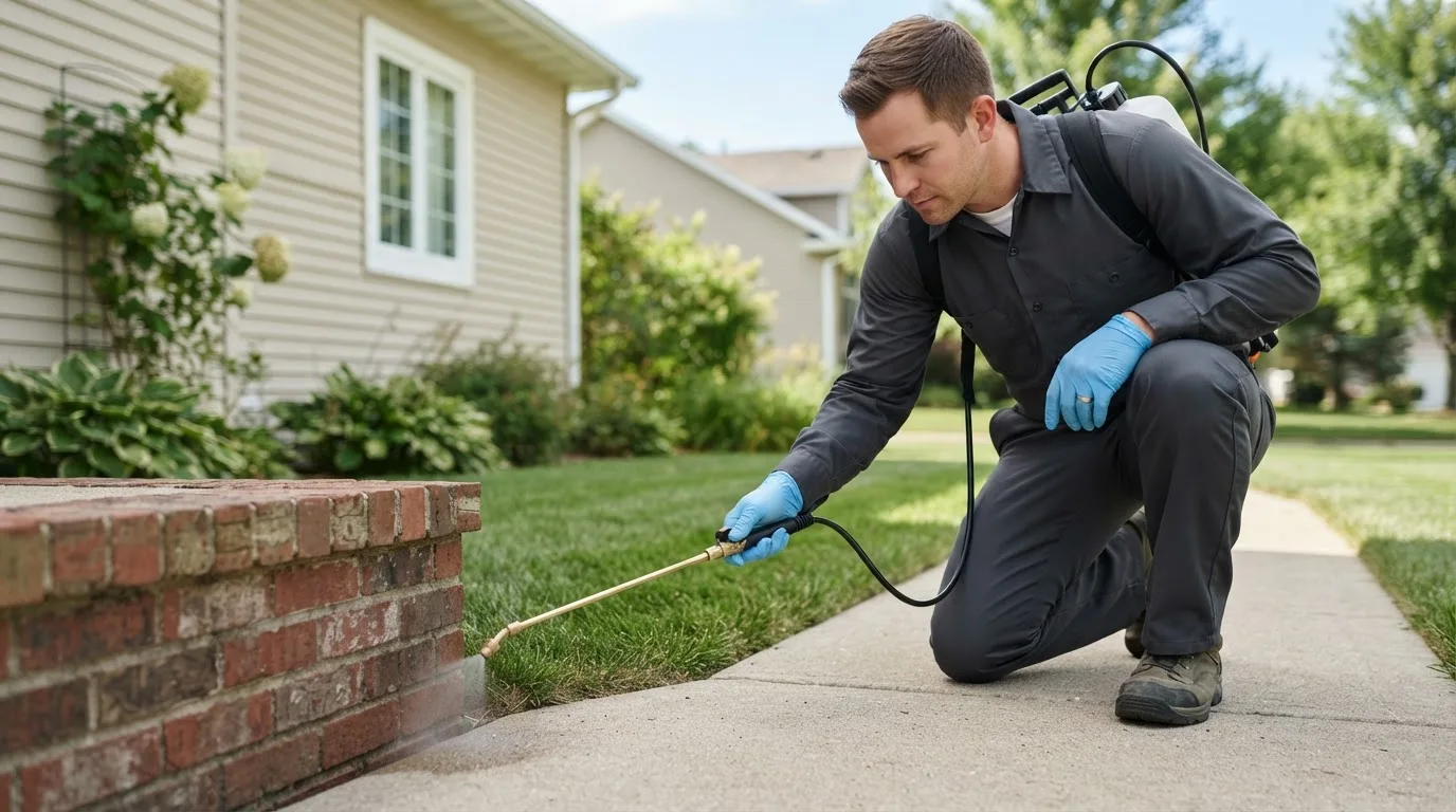 Pest control technician treating a home near Velma, OK